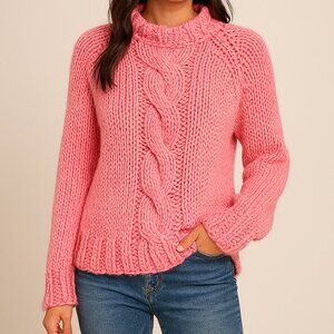 Women's Candy Pink Thick Chunky Cable Knit Pullover Sweater Handmade Hi Lo Hem